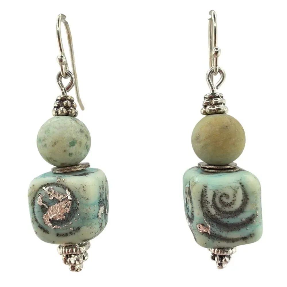 NEW Artisan Handcrafted Raku Pottery and Amazonite Dangle Earrings